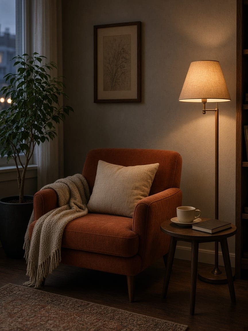 Cozy reading corner with an armchair, lamp and plant in a small apartment