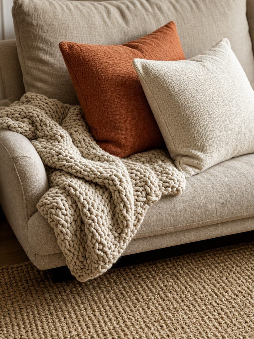 Sofa with a chunky throw and linen cushions in warm colors