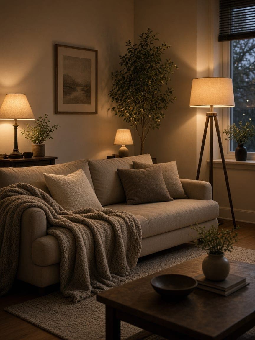 Small apartment living room lit by layered warm lamps in the evening
