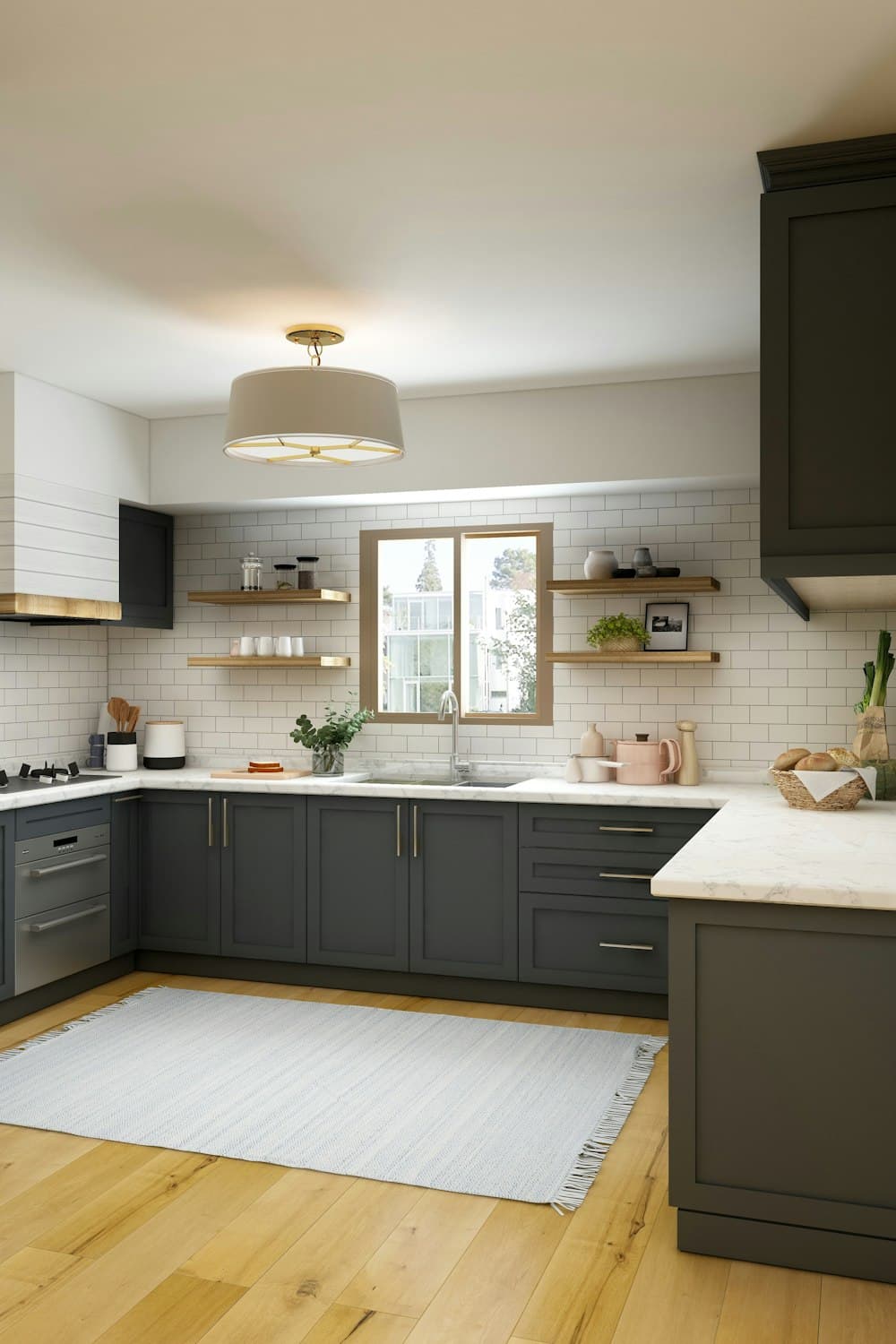 Portrait crop of a kitchen with open wood shelves above a white tile backsplash