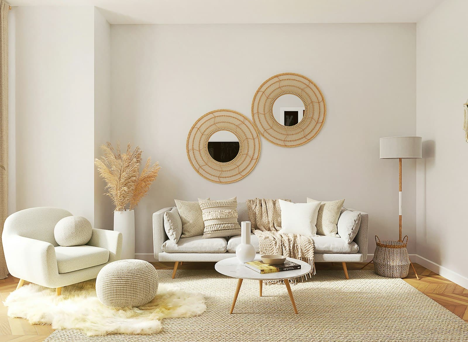 Cream living room with a pale sofa, two round cane mirrors, and a simple floor lamp